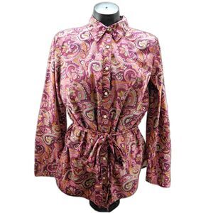 Izod Purple Pink Paisley Button-Front Belted Long Sleeve Shirt - Women's L